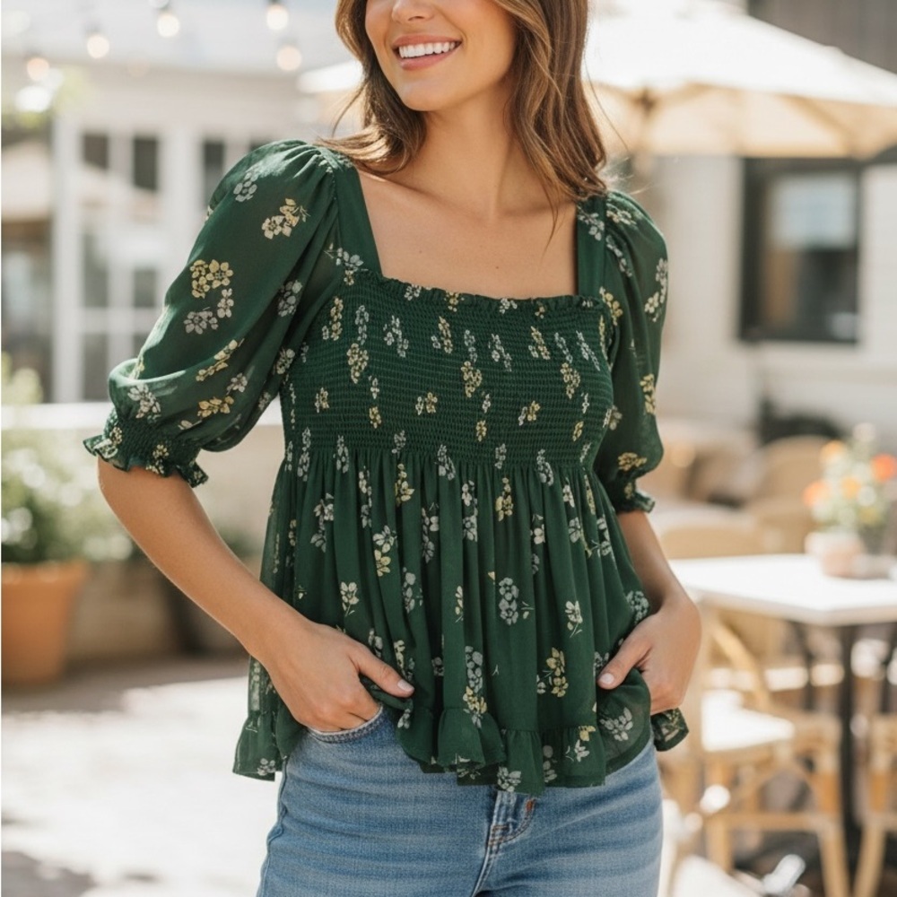Free People Emerald Floral Blouse